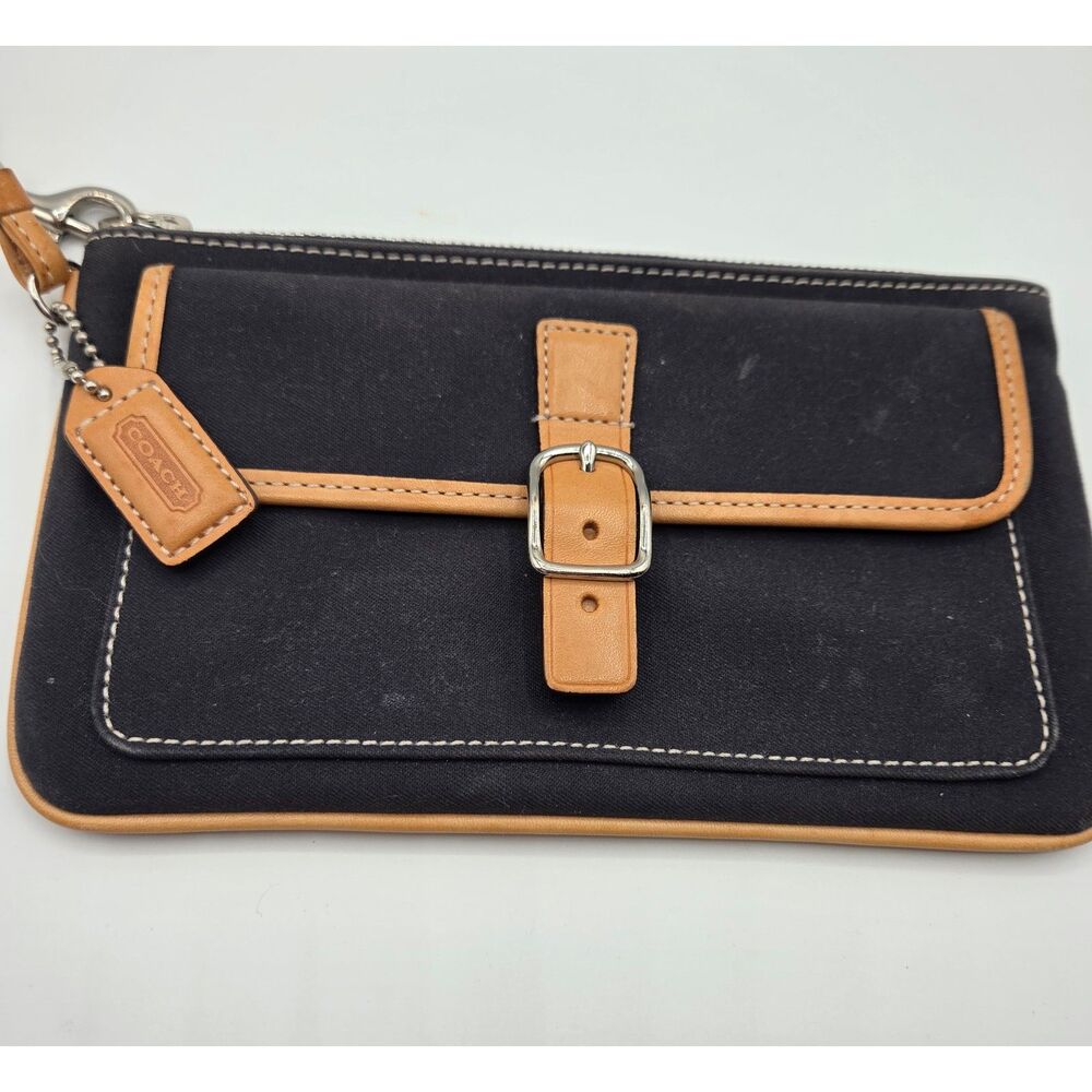 COACH Black Canvas Wristlet with Natural Leather Trim-Silver hardware